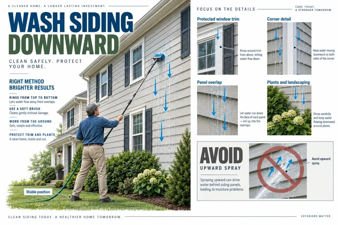 Safe siding maintenance washing technique with downward rinsing and protected seams