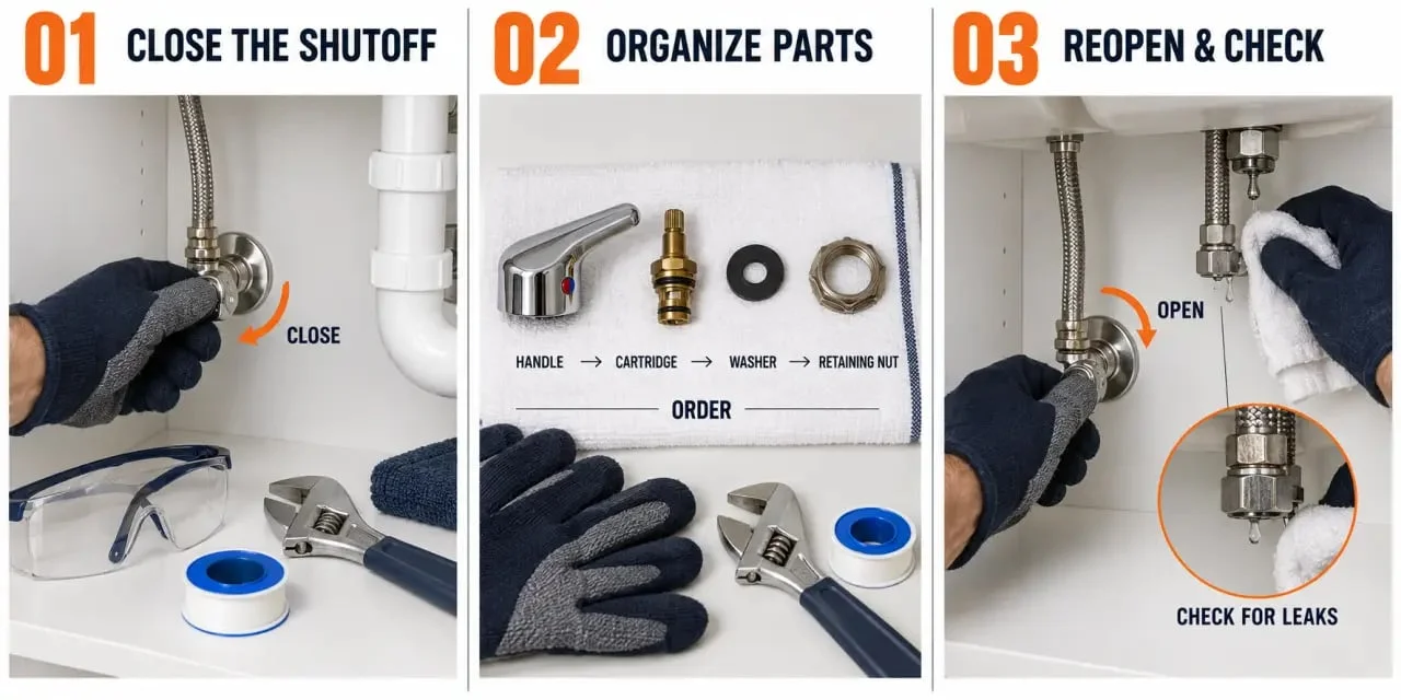 Simple home repairs: safe dripping faucet repair with water shutoff