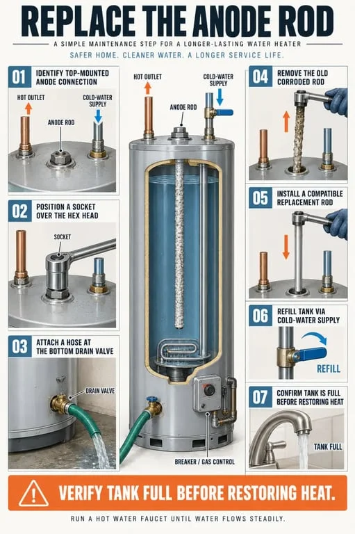 Replacing anode rod on water heater: illustrated removal, installation, draining, and refill sequence