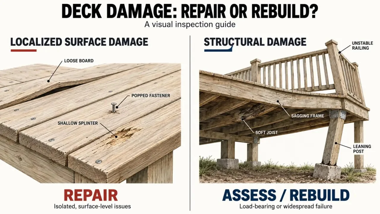 Repairing a deck: visual guide to identifying localized board damage versus structural deterioration