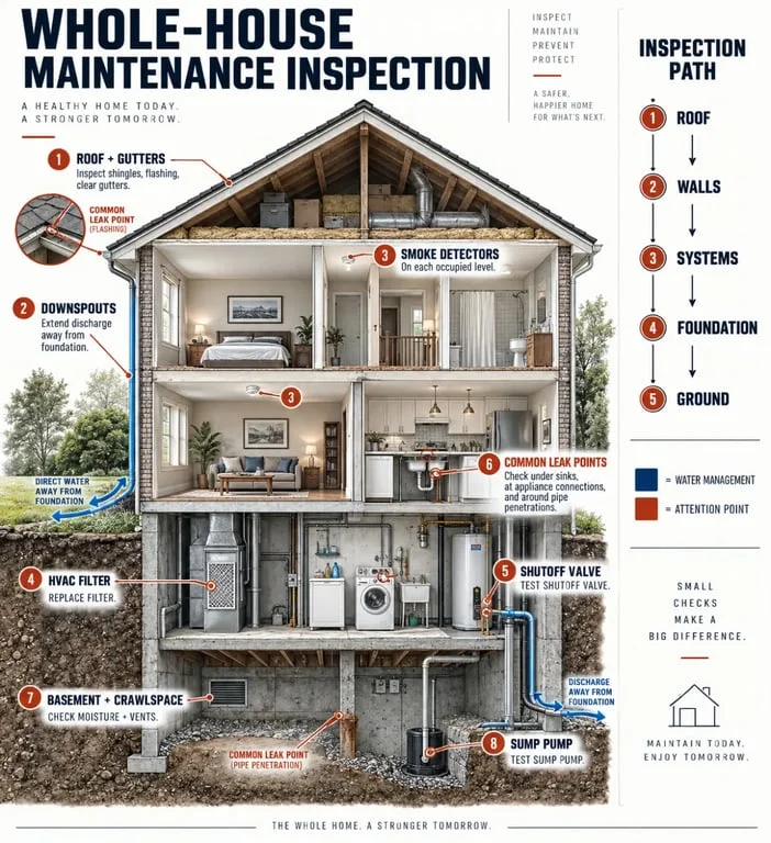 Maintenance of a house inspection from roof and gutters to foundation, basement and HVAC systems