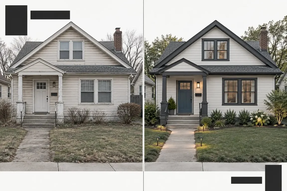 Outdoor home renovation ideas with a before-and-after exterior transformation