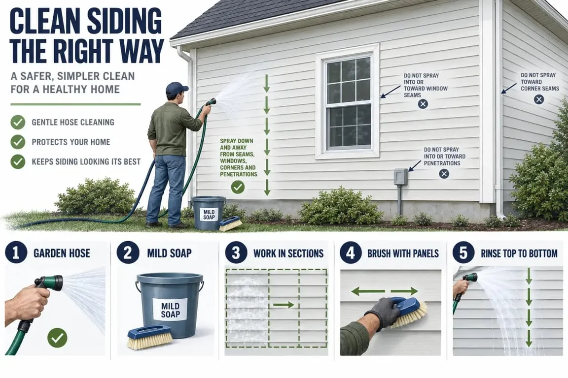 Siding maintenance cleaning sequence with a hose and soft brush