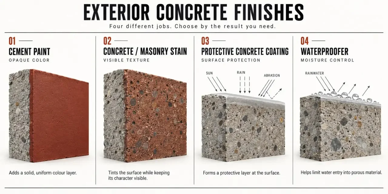 Outdoor cement paint comparison with concrete stain, protective coating, and waterproofer