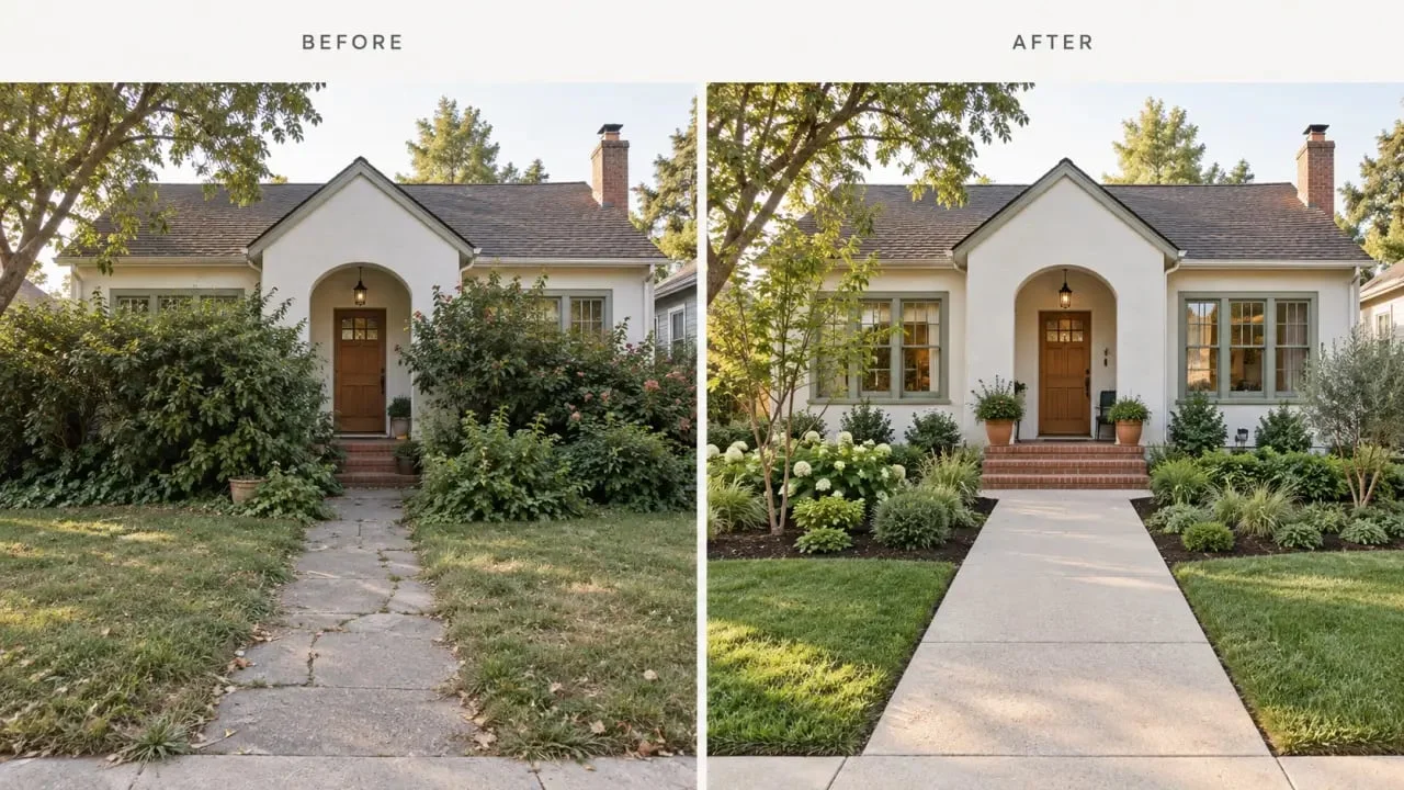 Curb appeal before and after d'un jardin avec allée réparée, bordures nettes et plantations structurées
