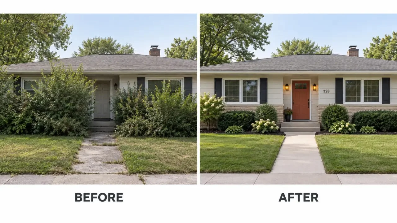 Curb appeal before and after d'une entrée de maison avec porte repeinte, plantations taillées et éclairage amélioré