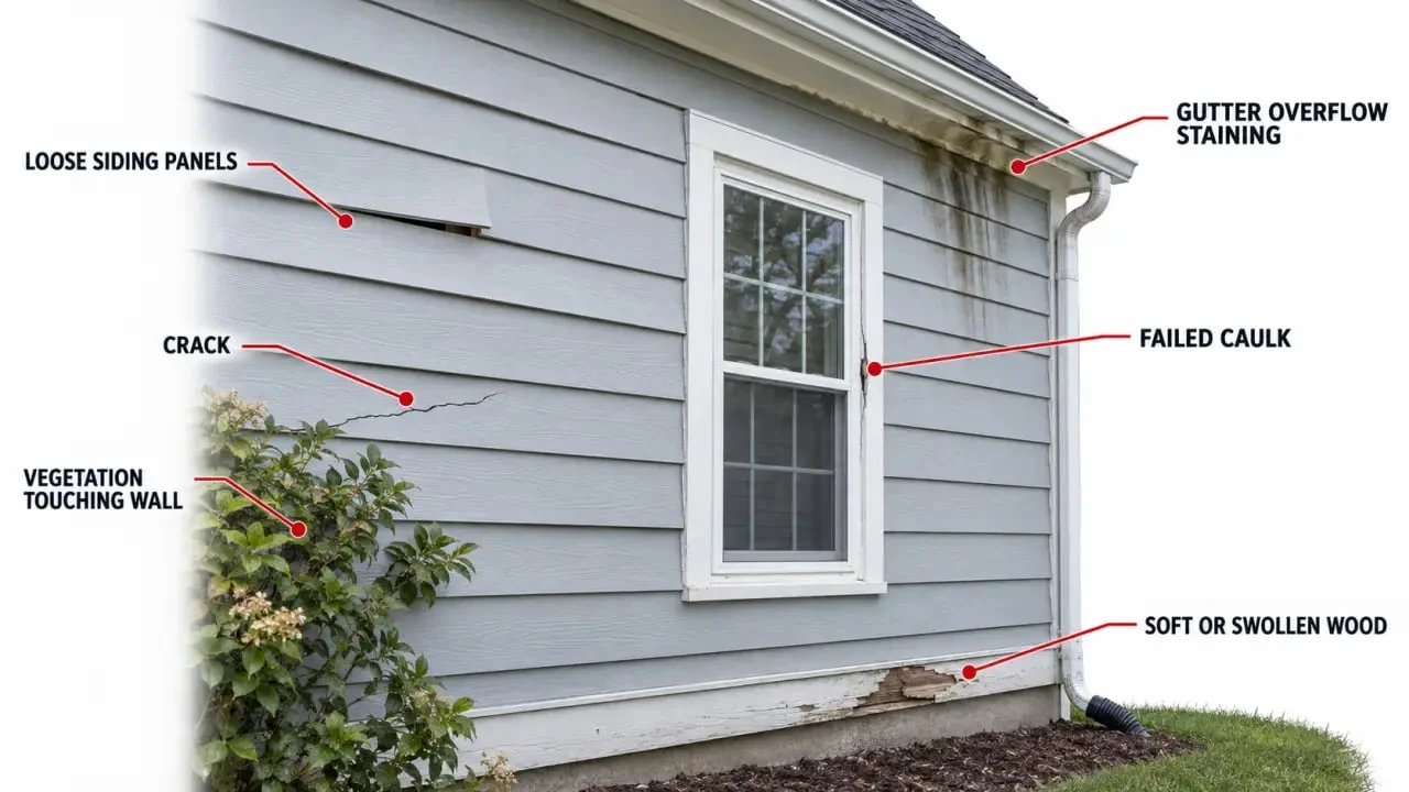 Siding maintenance inspection showing cracks, loose panels, failed caulk, and moisture warning signs