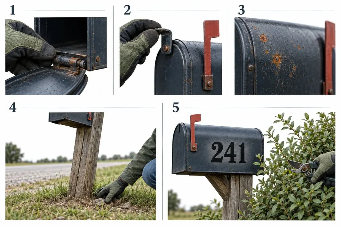 Mailbox maintenance : inspection visuelle d'une boîte aux lettres, de son poteau et de son accès